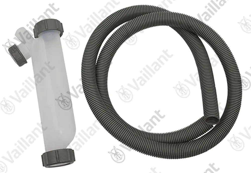 Vaillant Siphon-Set bestehend aus einem transparenten Behälter und einem flexiblen grauen Schlauch.